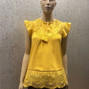 Style & Co. Yarrow Yellow Peasant Top with Eyelet Lace Blouse